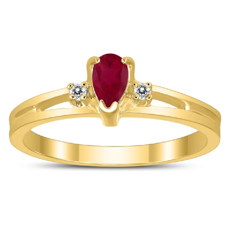 Calla lily ring-5X3MM Ruby and Diamond Pear Shaped Open Three Stone Ring in 10K Yellow Gold