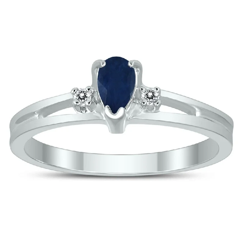 Juniper leaf ring-5X3MM Sapphire and Diamond Pear Shaped Open Three Stone Ring in 10K White Gold