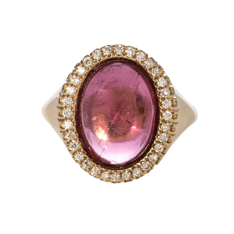 Abstract print ring-6ct Cabochon Pink Tourmaline & Diamond 14K Yellow Gold Ring