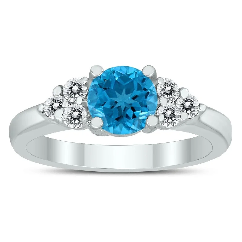 Micro pave ring-6MM Blue Topaz and Diamond Cynthia Ring in 10K White Gold