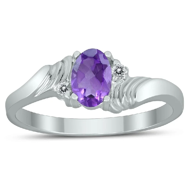 Bud halo ring-6X4MM Amethyst and Diamond Wave Ring in 10K White Gold