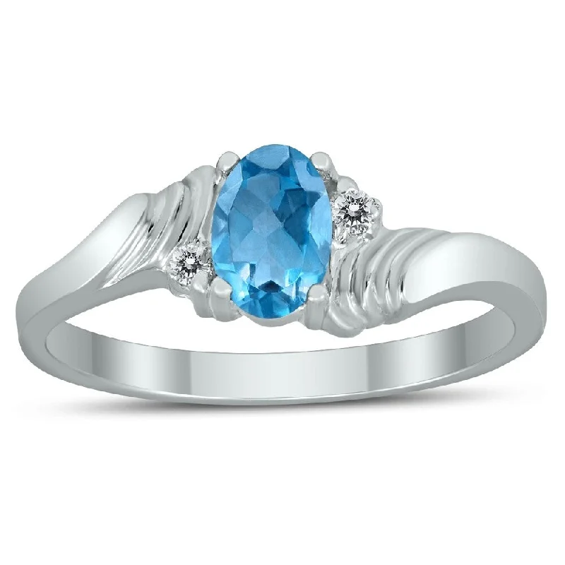 Silk strip ring-6X4MM Blue Topaz and Diamond Wave Ring in 10K White Gold