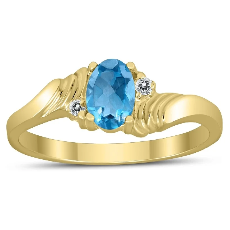 Zinc finish ring-6X4MM Blue Topaz and Diamond Wave Ring in 10K Yellow Gold