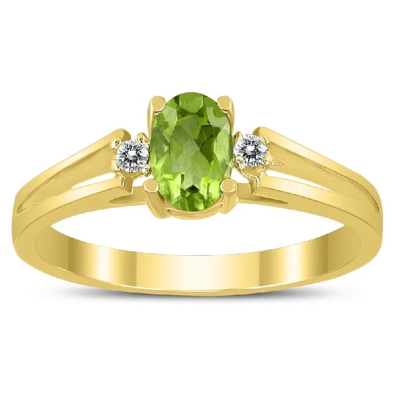 Hittite band ring-6X4MM Peridot and Diamond Open Three Stone Ring in 10K Yellow Gold