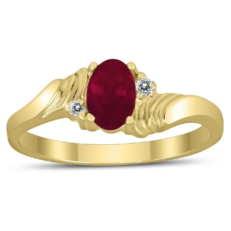 Raised bezel ring-6X4MM Ruby and Diamond Wave Ring in 10K Yellow Gold