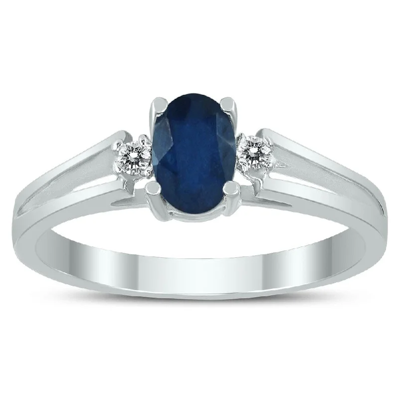 Layered cut ring-6X4MM Sapphire and Diamond Open Three Stone Ring in 10K White Gold