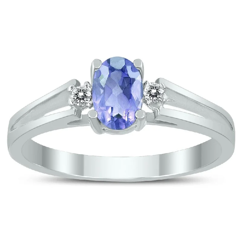 Border stone ring-6X4MM Tanzanite and Diamond Open Three Stone Ring in 10K White Gold