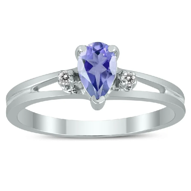 Rhombus garnet ring-6X4MM Tanzanite and Diamond Pear Shaped Open Three Stone Ring in 10K White Gold