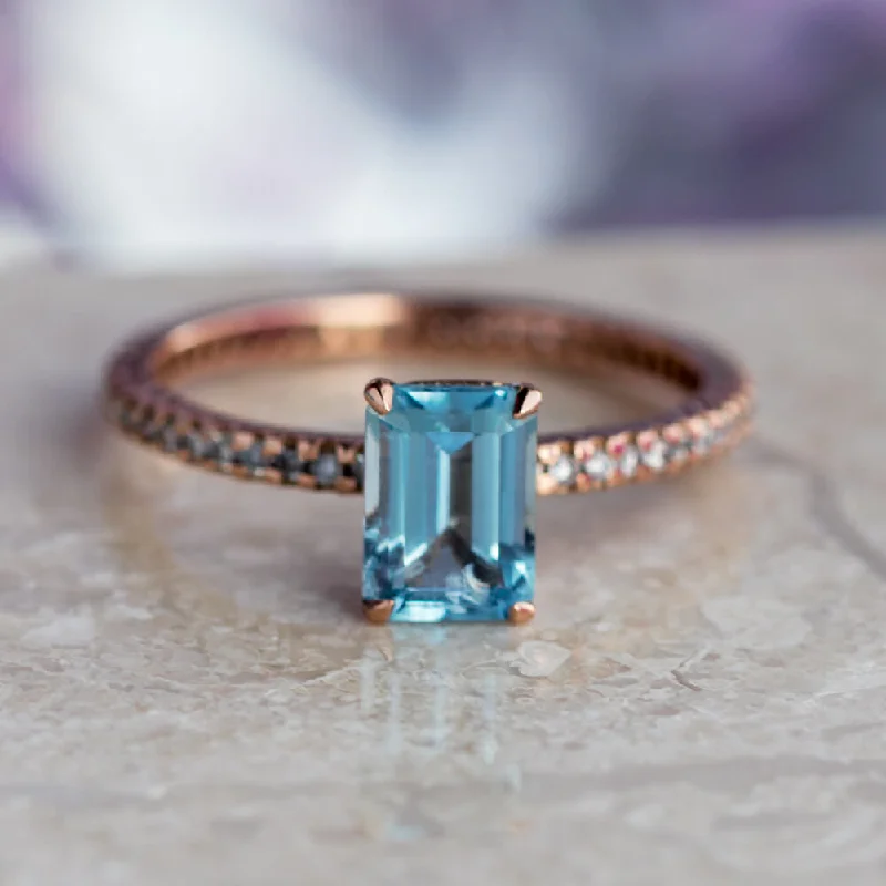 Textured rib ring-7 MM Emerald Shape Aquamarine For Engagement Ring