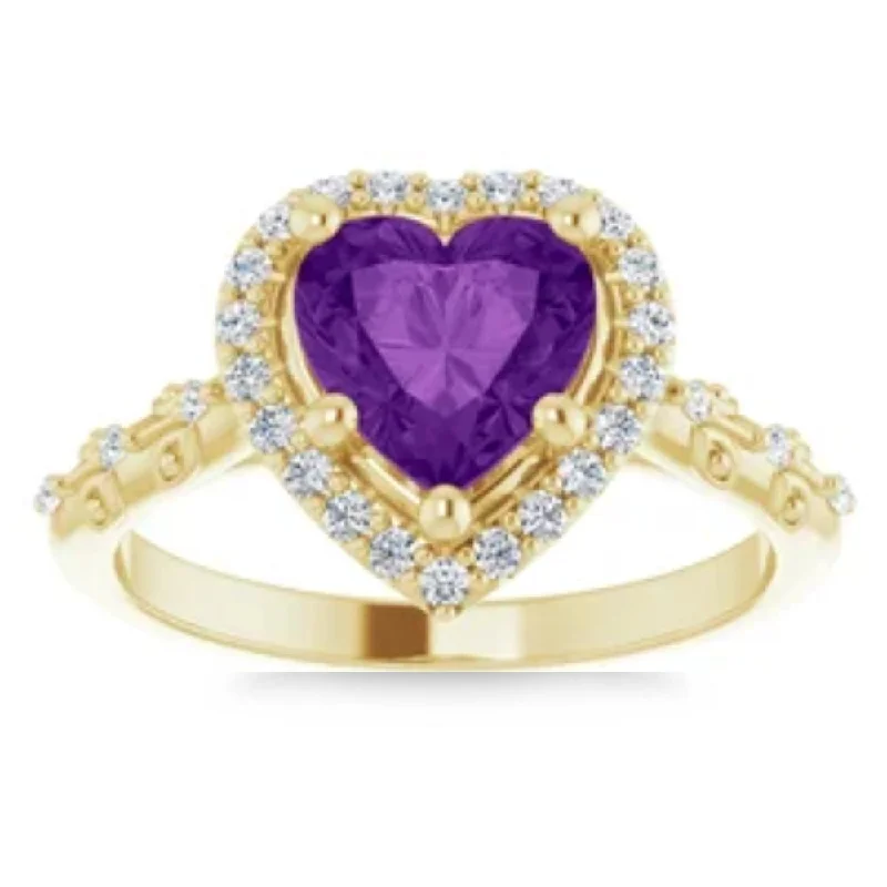 Natural finish ring-7mm Amethyst Halo Diamond Heart Shape Accent Ring in 14k White or Yellow Gold