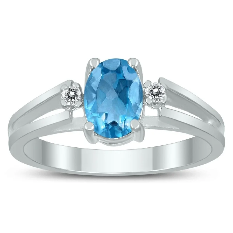 Luster druzy ring-7X5MM Blue Topaz and Diamond Open Three Stone Ring in 10K White Gold