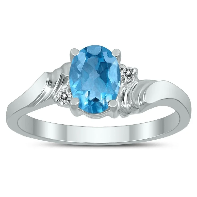 Slotted design ring-7X5MM Blue Topaz and Diamond Wave Ring in 10K White Gold