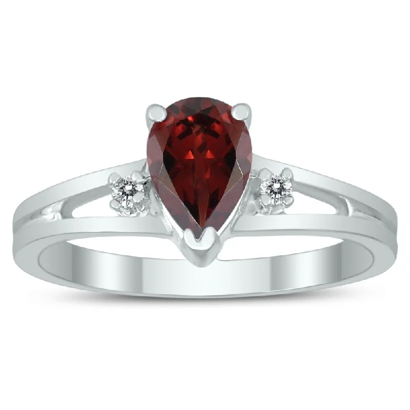 Umber jasper ring-7X5MM Garnet and Diamond Pear Shaped Open Three Stone Ring in 10K White Gold