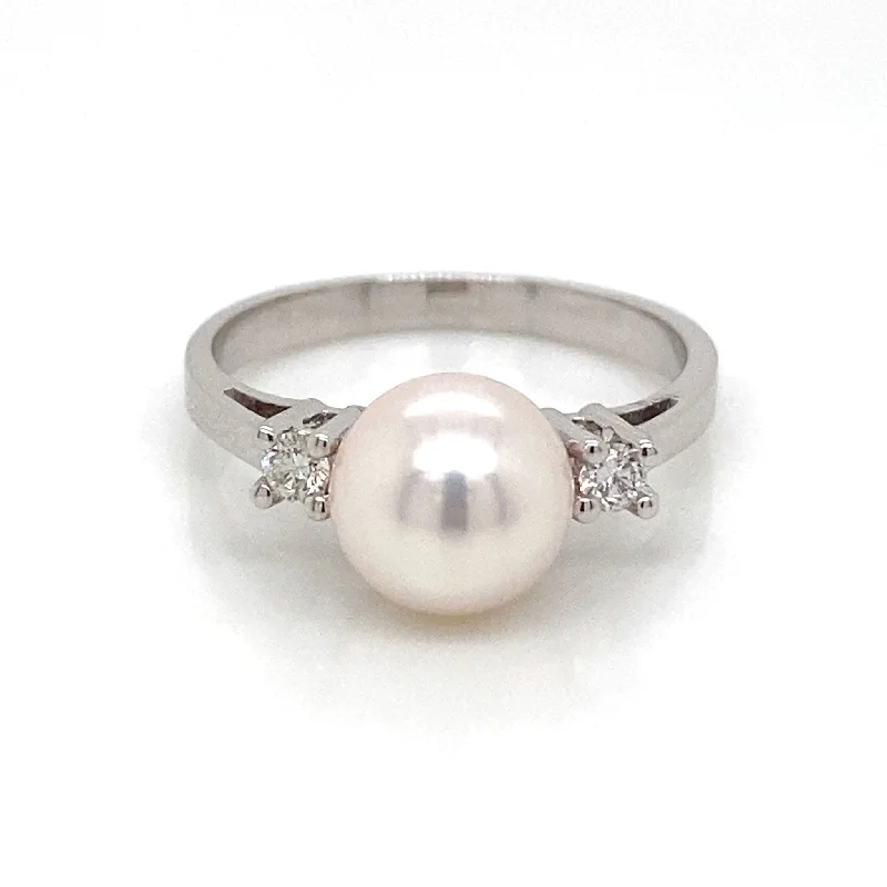 Knit stripe ring-8mm Cultured Pearl & Diamond 14K White Gold Ring