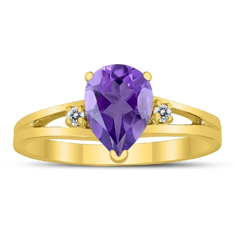 Bud halo ring-8X6MM Amethyst and Diamond Pear Shaped Open Three Stone Ring in 10K Yellow Gold