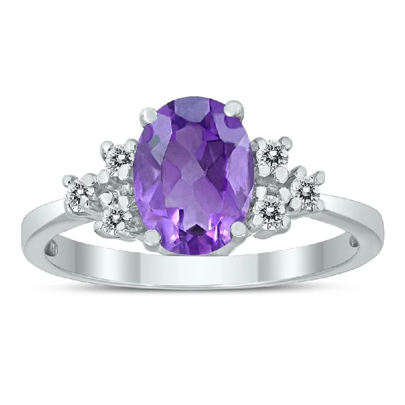 Shifted gem ring-8X6MM Amethyst and Diamond Regal Ring in 10K White Gold