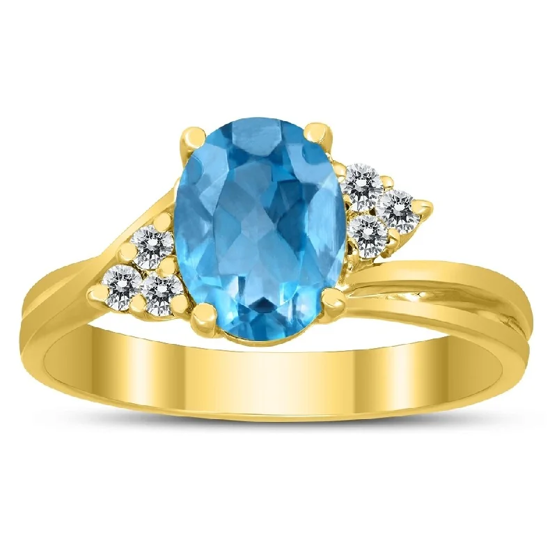 Natural finish ring-8X6MM Blue Topaz and Diamond Twist Ring in 10K Yellow Gold