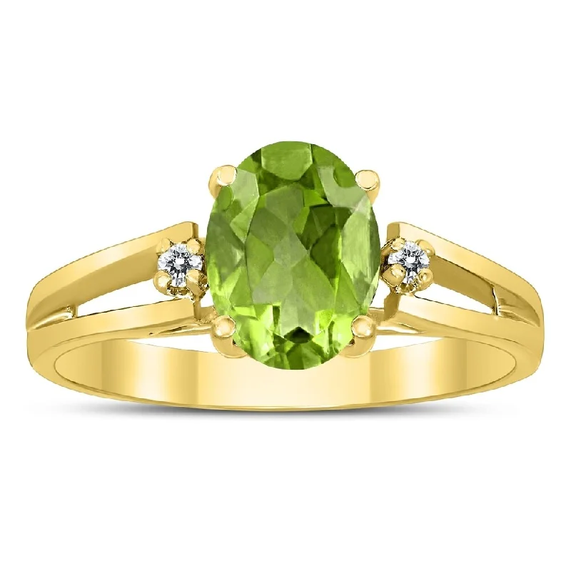 Shoreline wave ring-8X6MM Peridot and Diamond Open Three Stone Ring in 10K Yellow Gold