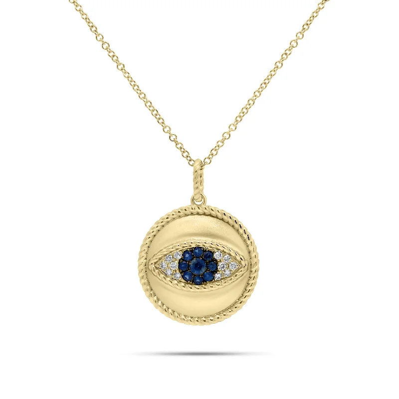 Linked chain necklace-Sapphire & Diamond Evil Eye Pendant with Rope Edge