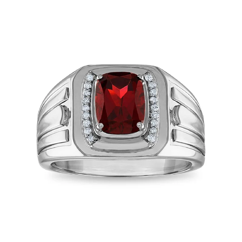 Heritage mine ring-9X7MM Cushion Garnet and Diamond Ring in Rhodium Plated Sterling Silver