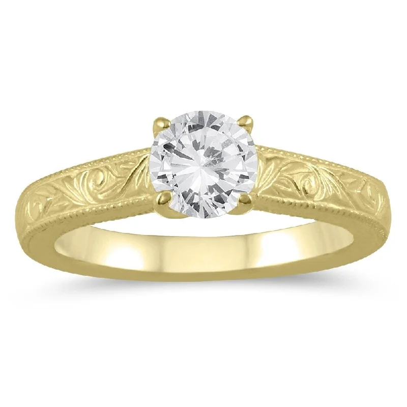 Droplet stone ring-AGS Certified 3/4 Carat Engraved Diamond Solitaire Ring in 14K Yellow Gold (H-I Color, I1-I2 Clarity)