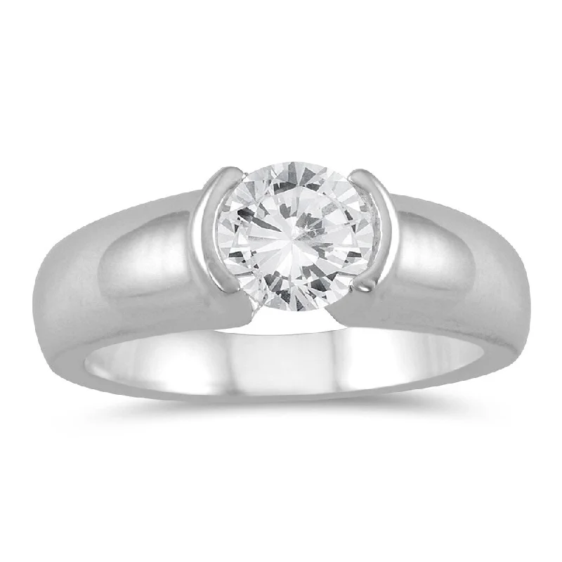 Silk strip ring-AGS Certified 3/4 Carat Half Bezel Diamond Solitaire Ring in 14K White Gold (H-I Color, I1-I2 Clarity)