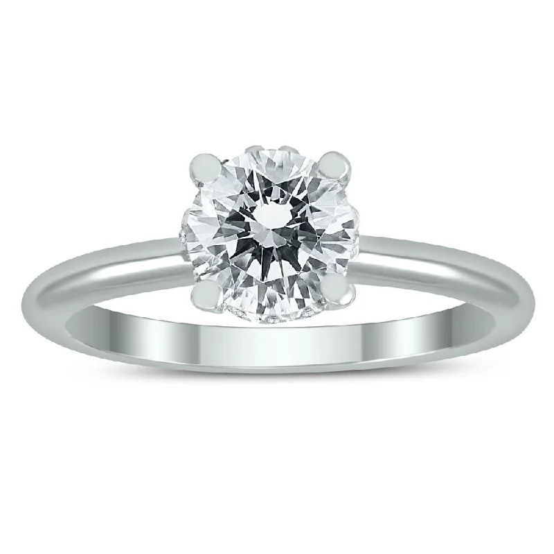 Pointed edge ring-AGS Certified Diamond Solitaire Crown Ring in 14K White Gold with Side Profile Diamonds