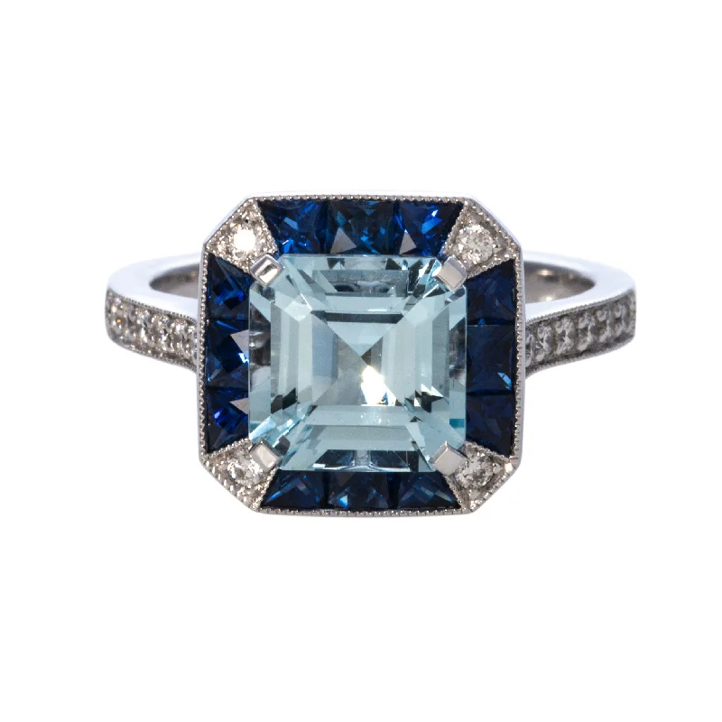 Recycled object ring-Aquamarine, Sapphire & Diamond 18K White Gold Ring