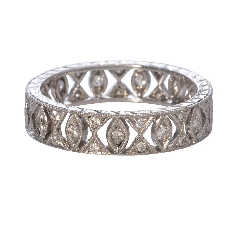 Delicate filigree ring-Art Deco Style Diamond Milgrain Eternity 18K White Gold Band