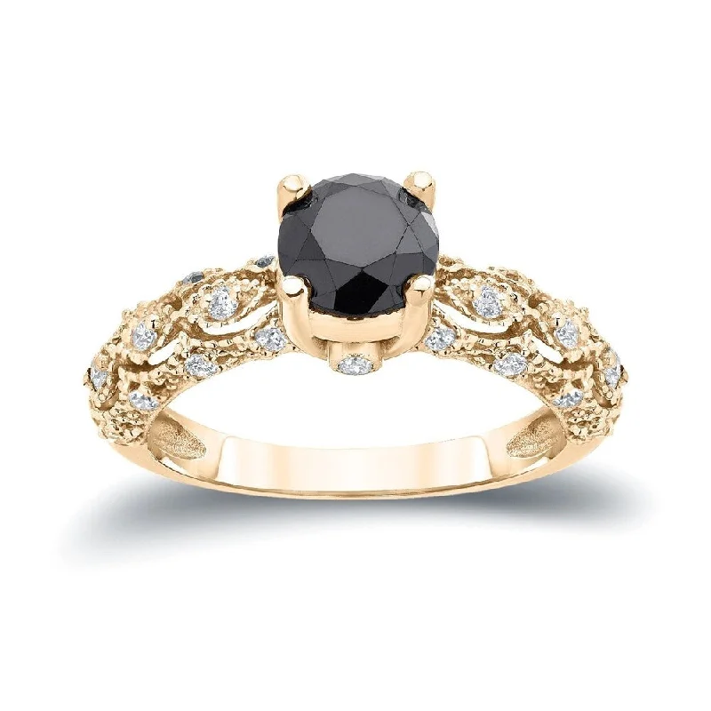 Cast metal ring-Auriya Unique Vintage 1 1/4ctw Black Diamond Engagement Ring 14k Gold