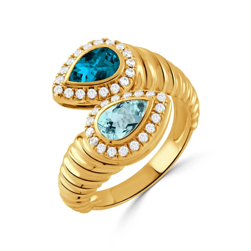 Contrast metal ring-Blue Topaz & Diamond 18K Gold Ribbed Bypass Ring