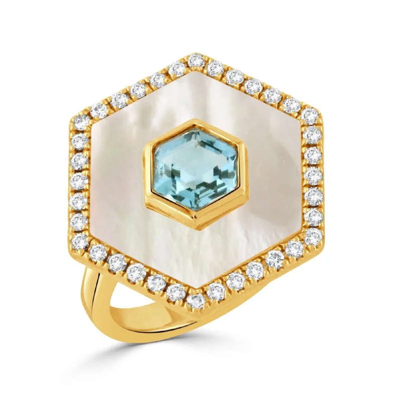 Cyclical spiral ring-Blue Topaz, Mother of Pearl & Diamond Hexagon 18K Gold Ring