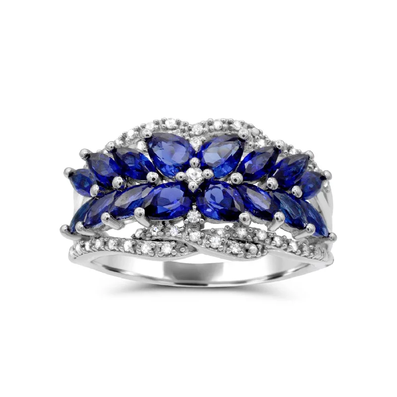 Rattan band ring-Created Blue and White Sapphire Ring in Sterling Silver