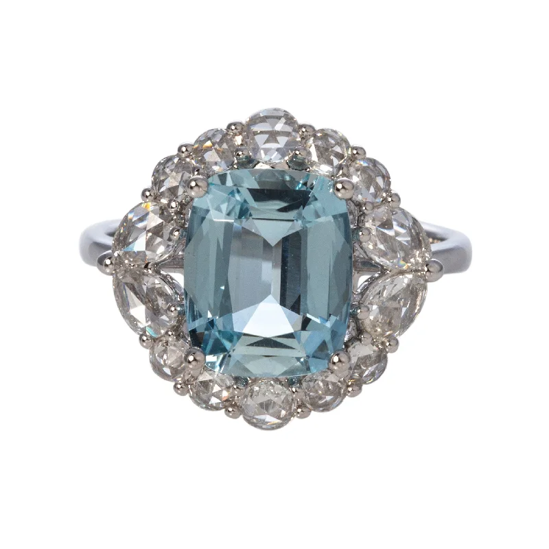 Cedar nut ring-Cushion Aquamarine & Diamond 18K White Gold Ring