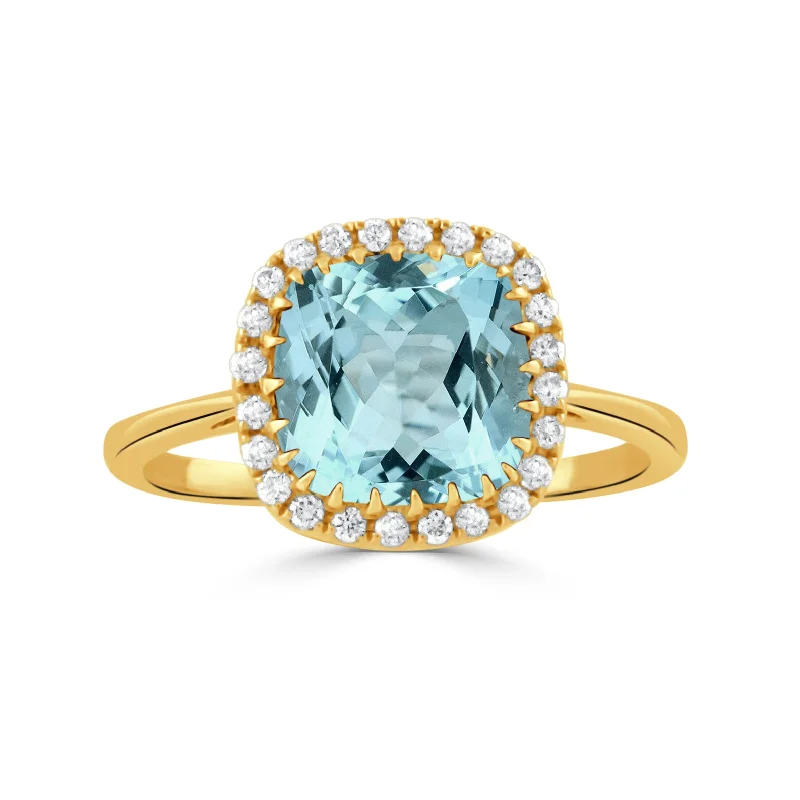 Haze white ring-Cushion Blue Topaz & Diamond Halo 18K Yellow Gold Ring