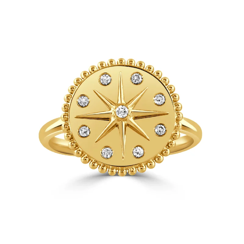 Embossed wedding ring-Diamond 18K Yellow Gold Starburst Beaded Disc Ring