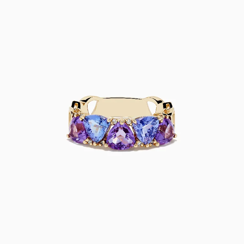 Layered cut ring-14K Yellow Gold Amethyst, Tanzanite and Diamond Ring