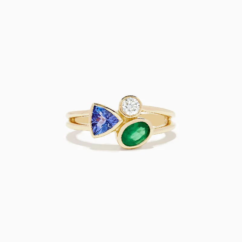 Lattice texture ring-14K Yellow Gold Tri Stone Diamond, Emerald and Tanzanite Ring