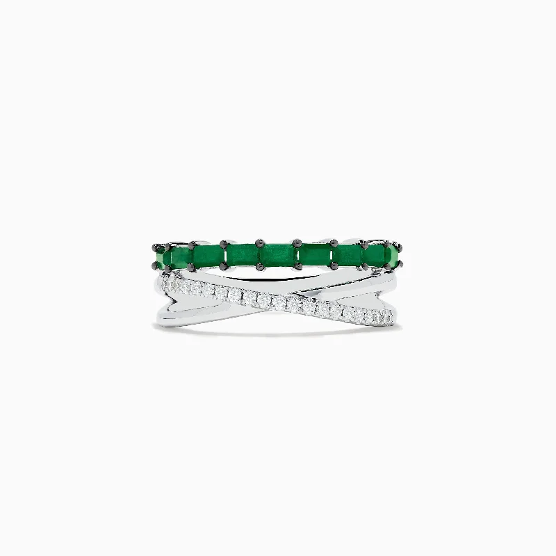 Rock vein ring-Brasilica 14K White Gold Emerald and Diamond Crossover Ring