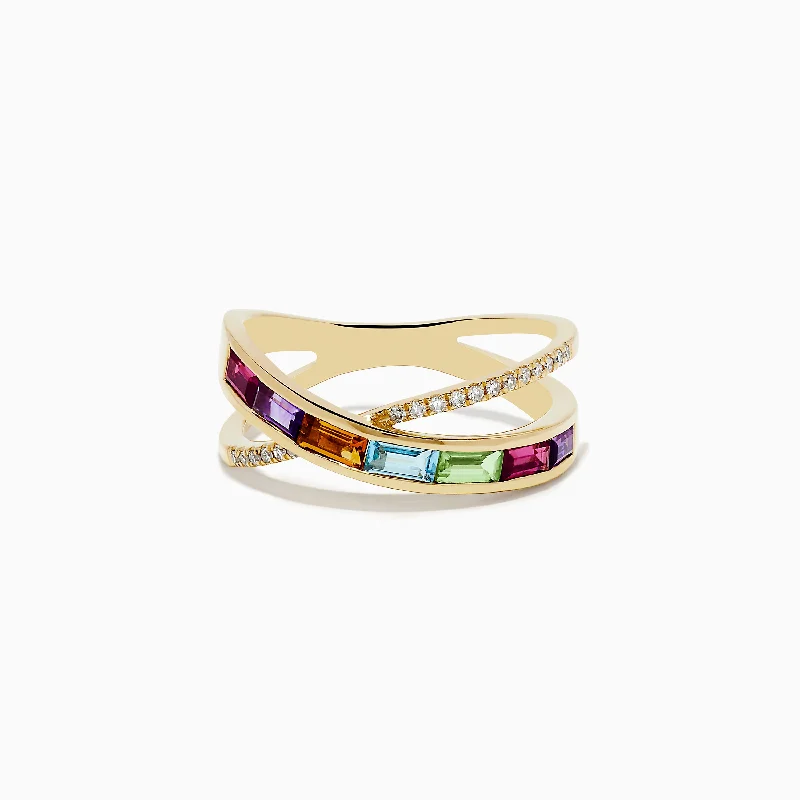 Almond bead ring-Mosaic 14K Yellow Gold Multi Stone and Diamond Crossover Ring