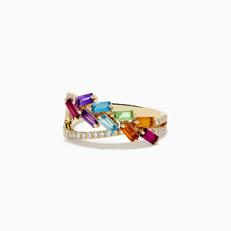 Porcelain band ring-Mosaic Mix 14K Yellow Gold Stones and Diamond Crossover Ring