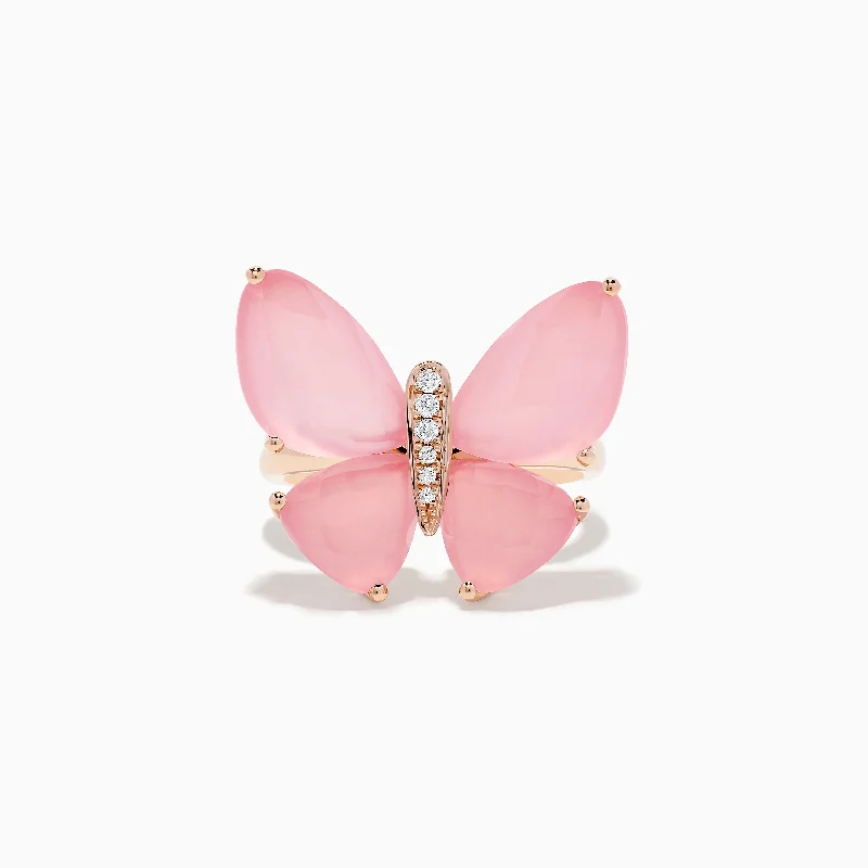 Prismatic light ring-Nature 14K Rose Gold Rose Quartz and Diamond Butterfly Ring