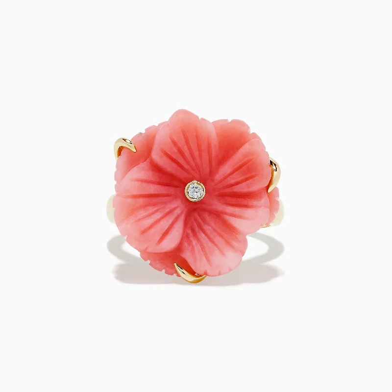 Scorched wood ring-Nature 14K Yellow Gold Pink Opal and Diamond Flower Ring