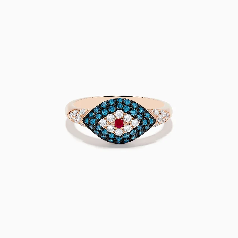 Slotted design ring-Novelty 14K Rose Gold Blue Diamond and Ruby Evil Eye Ring