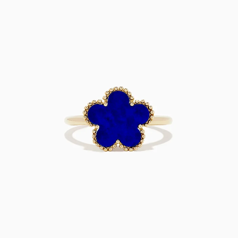 Matte stone ring-Novelty 14K Yellow Gold Lapis Flower Ring