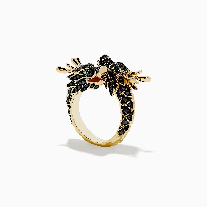 Primrose petal ring-Safari 14K Yellow Gold Black Diamond Double Headed Dragon Ring