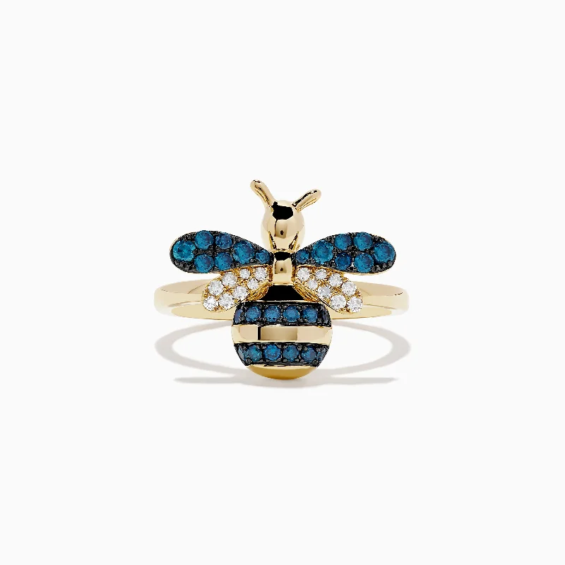 Iron forged ring-Safari 14K Yellow Gold Blue and White Diamond Bee Ring