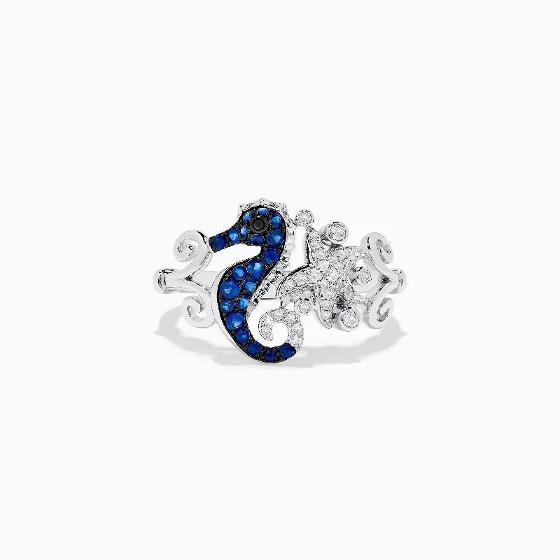 Raised bezel ring-Seaside 14K White Gold Sapphire and Diamond Seahorse Ring