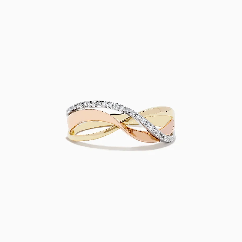 Cedar nut ring-Trio 14K Three Tone Diamond Cross Over Ring