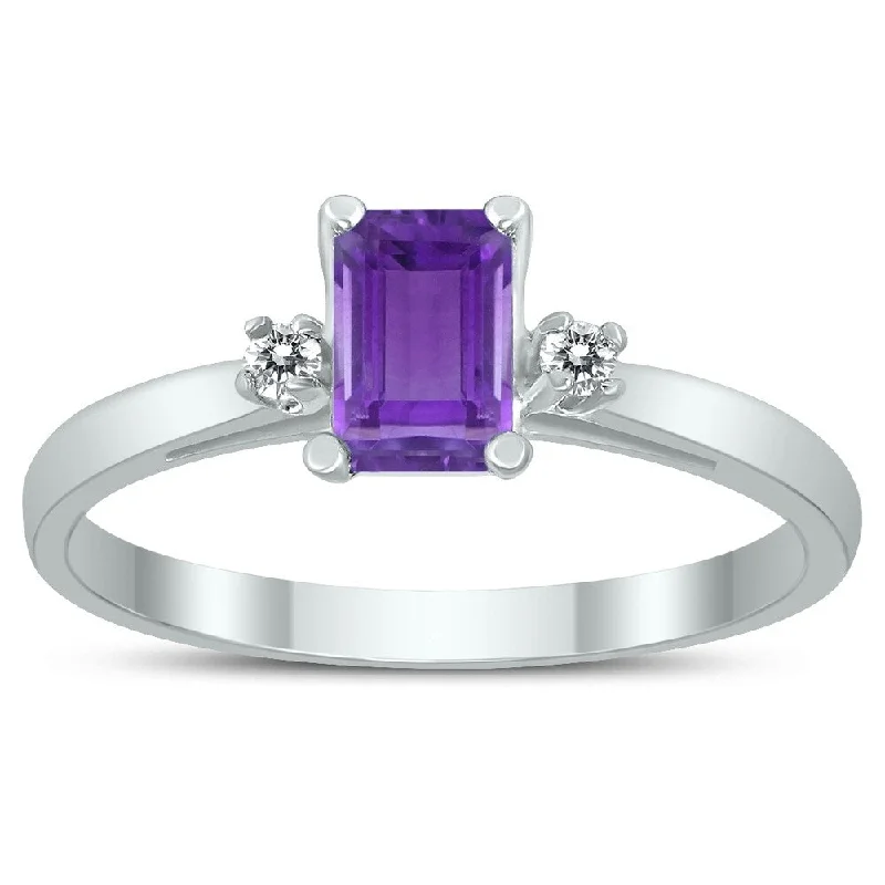 Porcelain band ring-Emerald Cut 6X4MM Amethyst and Diamond Three Stone Ring in 10K White Gold